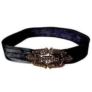 Vintage LUCIANO Hand Tooled Brutalist Brass Buckle on Leather Belt